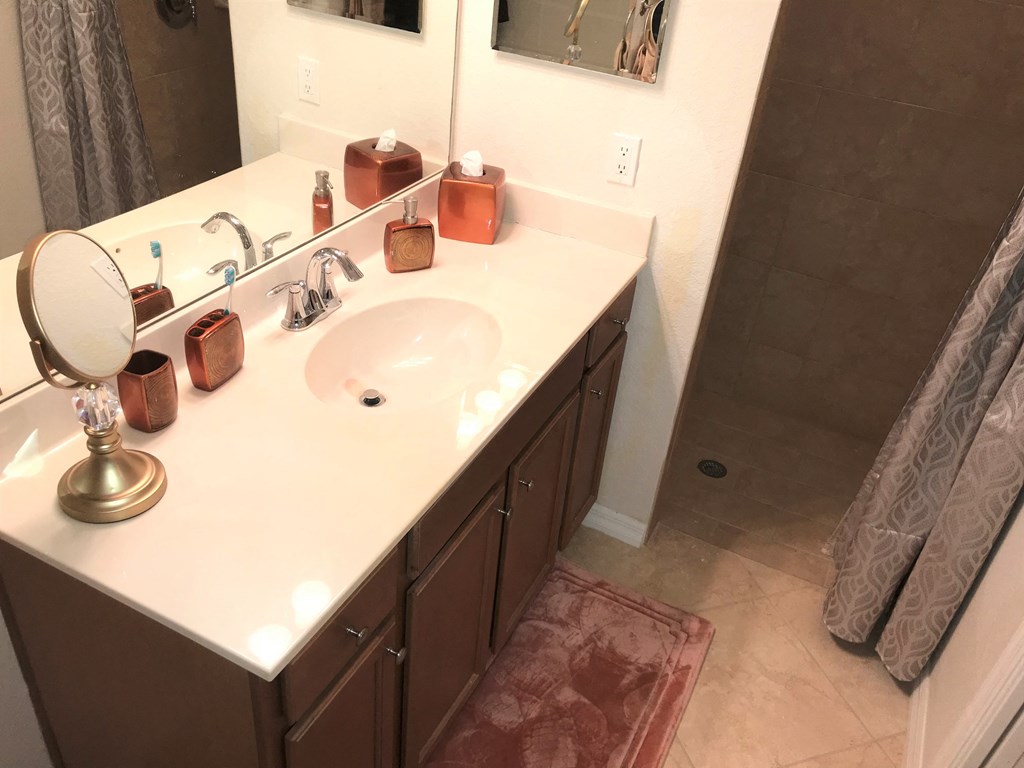 A bathroom with a sink and a mirror.
