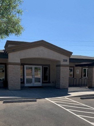 The image shows a building with the number 350 on it.
