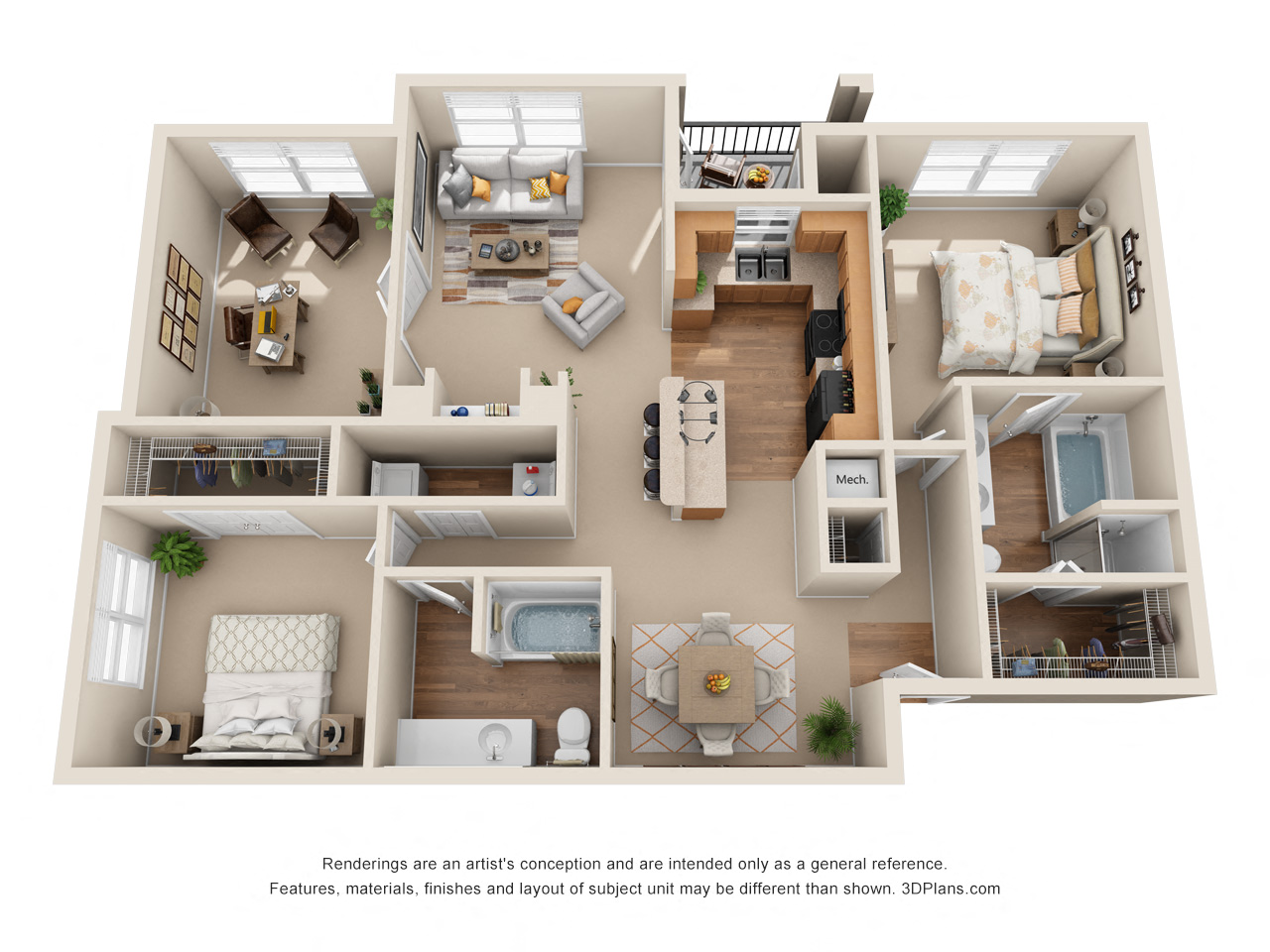 The Del Rio B3 Floor Plan at The Canyons Apartments, Fort Worth, Texas