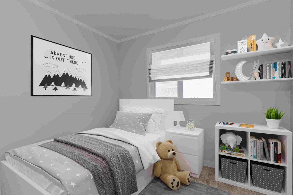 a gray bedroom with a bed and a teddy bear