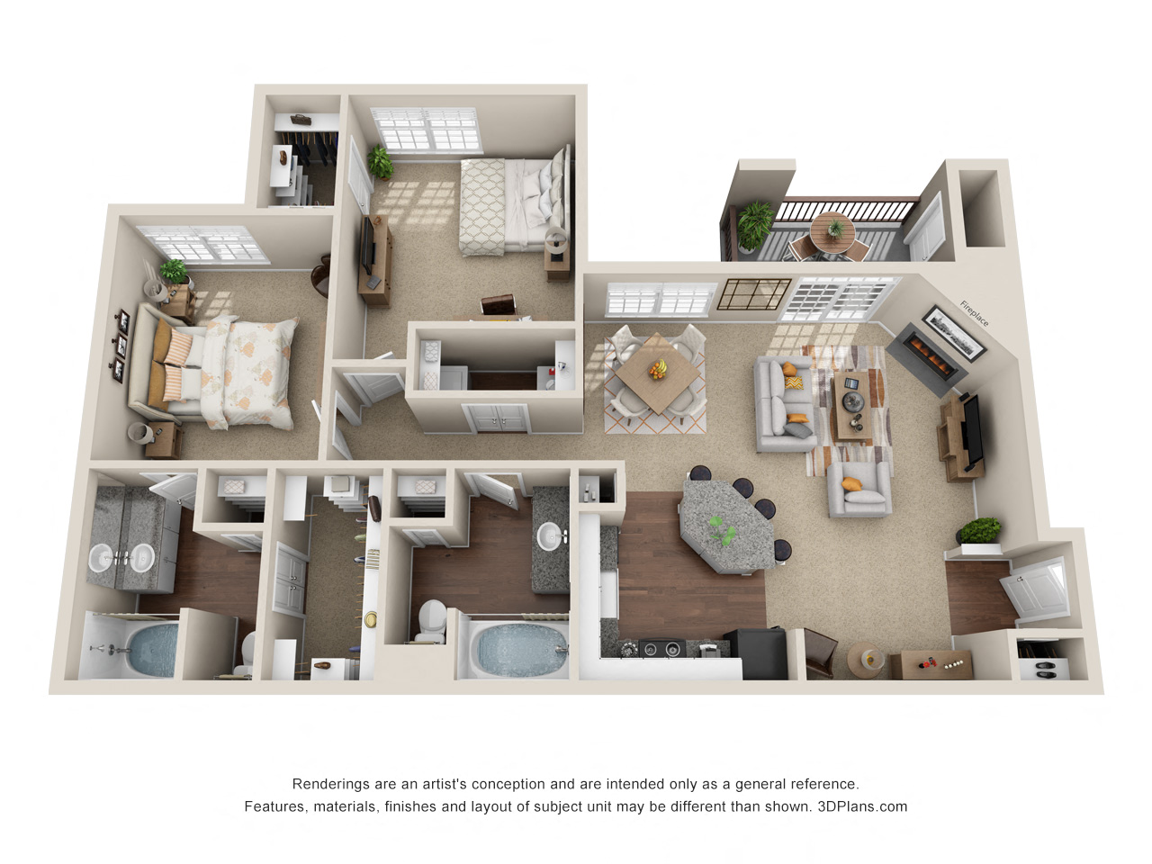 a 1 bedroom floorplan is shown in this rendering at La Ventura Apartments, Plano, 75093