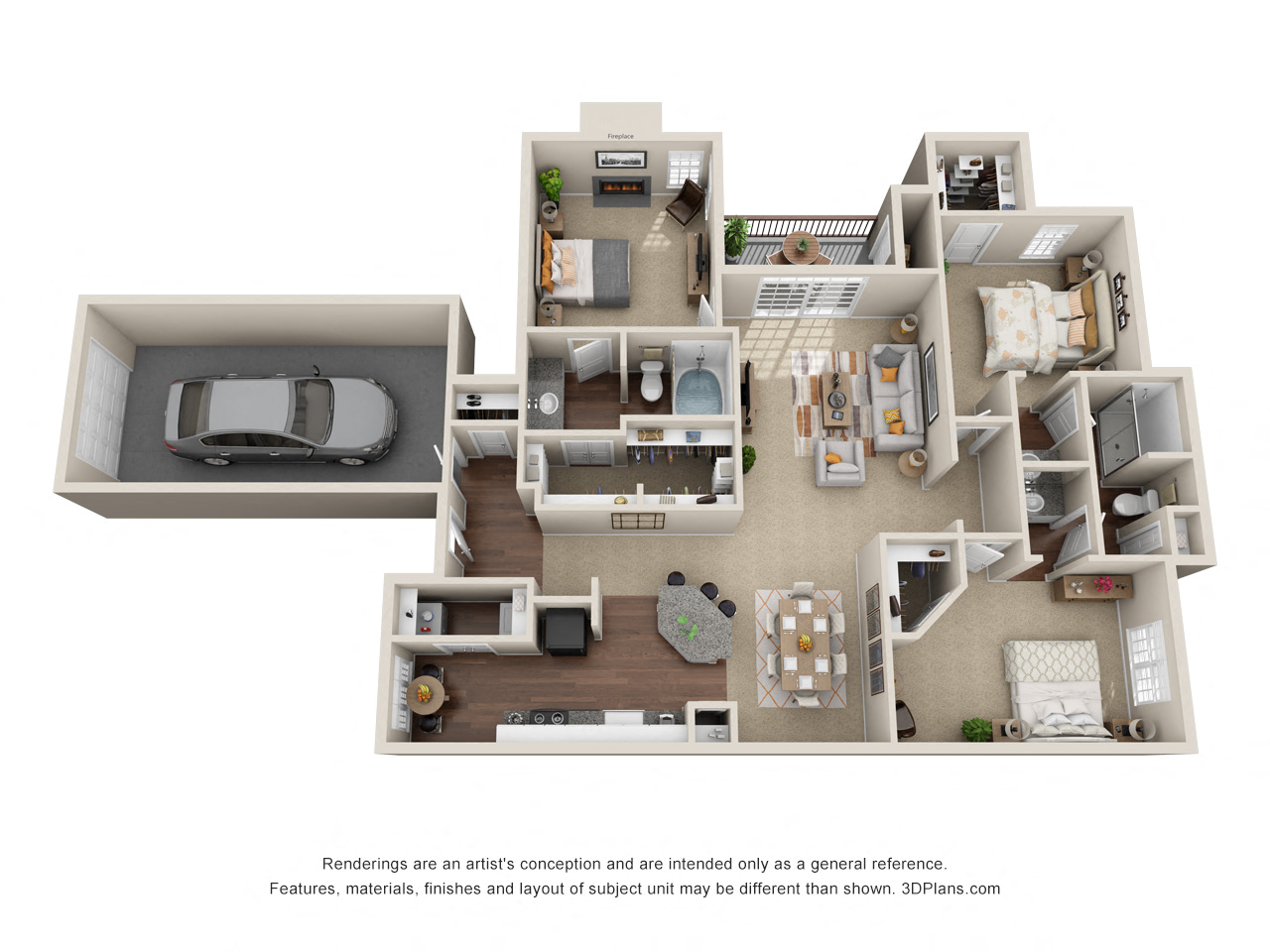 a stylized view of a 3d floor plan of a house at La Ventura Apartments, Texas, 75093