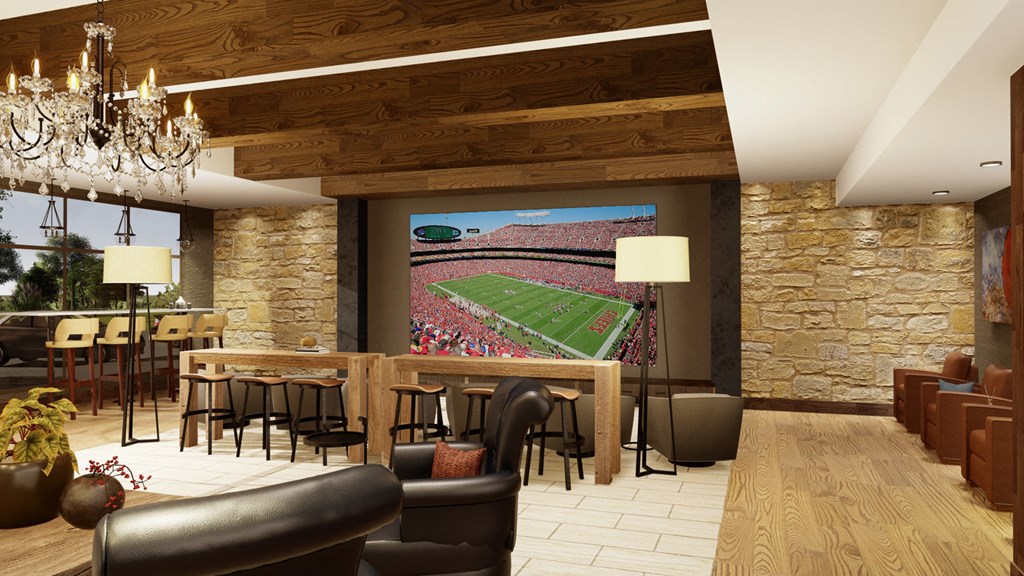 a rendering of a living room with a large screen showing a football game
