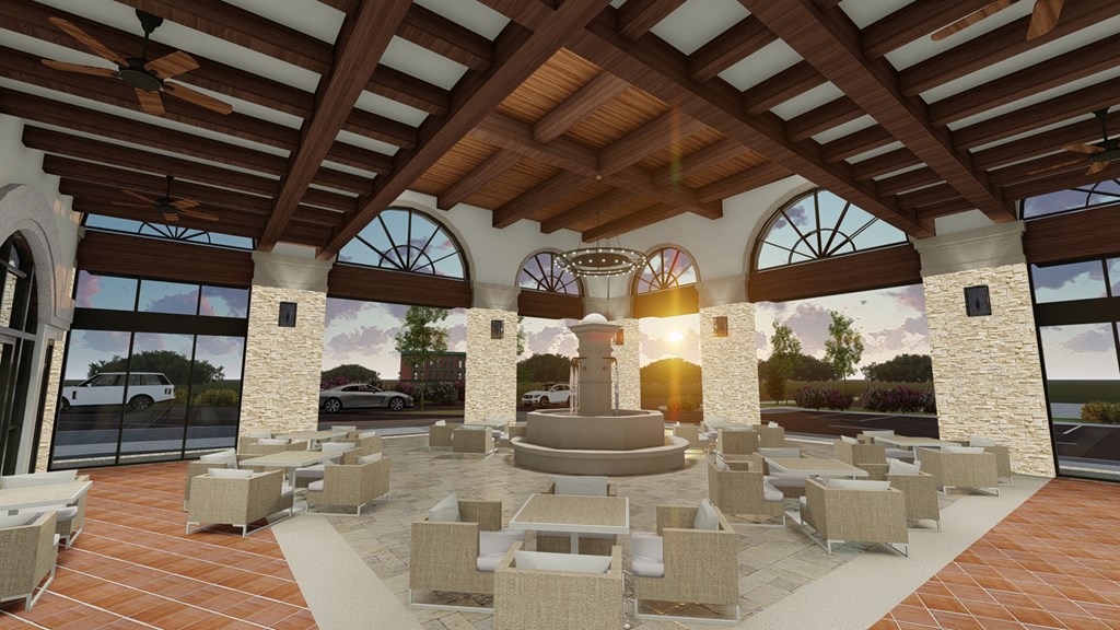 a rendering of a lobby with seating and a fountain