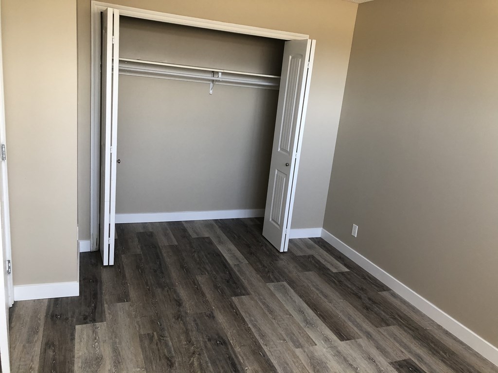 a bedroom with a closet and wood flooring