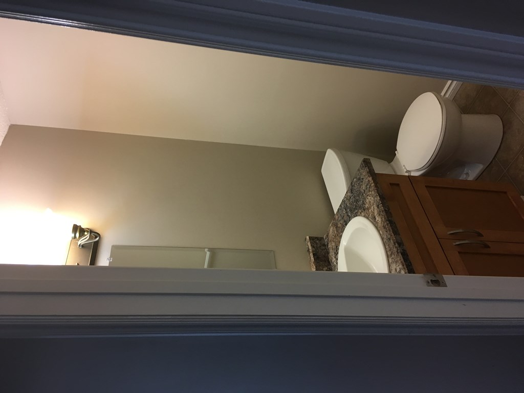 a view of a bathroom through a window with a toilet and sink