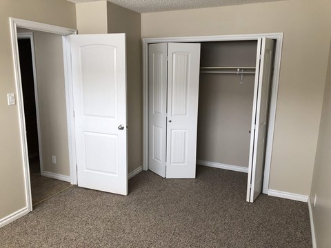 a bedroom with two closets and two doors