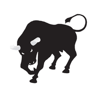 A black silhouette of a bull with a white face and horns.
