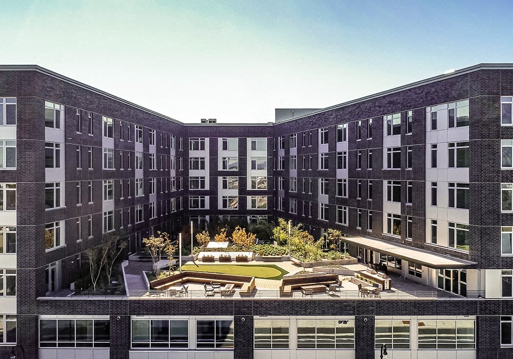 Aerial photo of building view from the west of courtyard and apartments