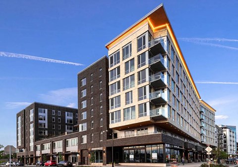 RiverWest Apartments Vancouver, Washington Building Exterior Southwest corner view of glass balconies and windows
