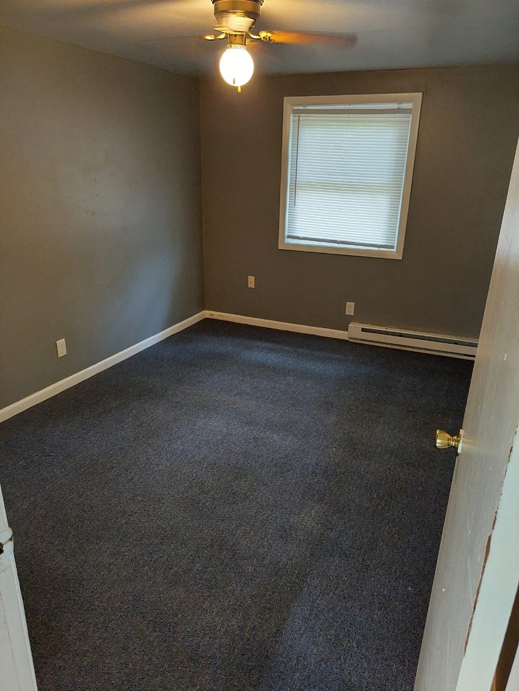 a room with carpet and a window and a ceiling fan