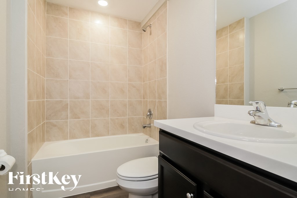 a bathroom with a sink and a toilet and a bath tub