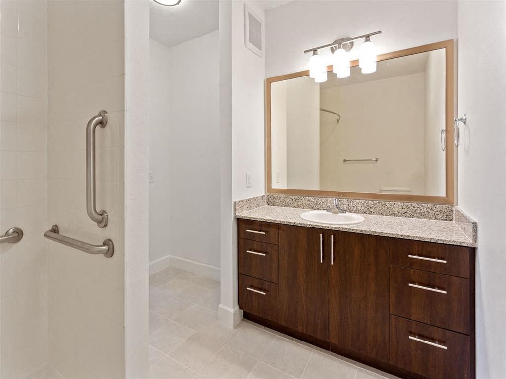a bathroom with a sink and a mirror