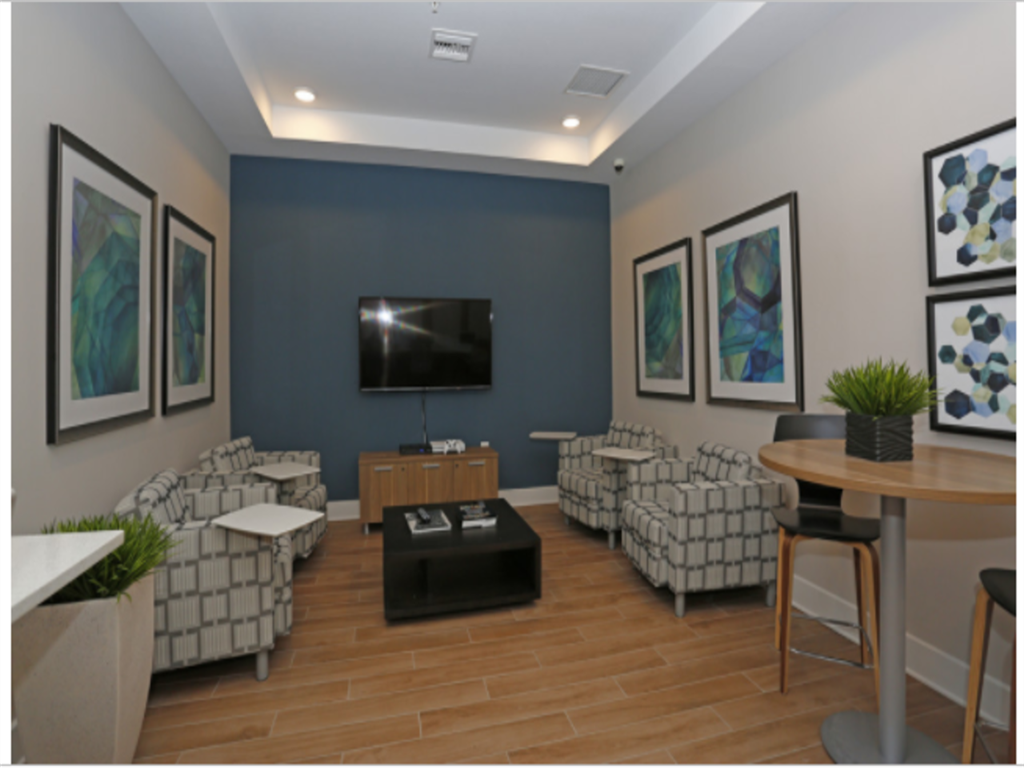 a living room with couches and a table and a television