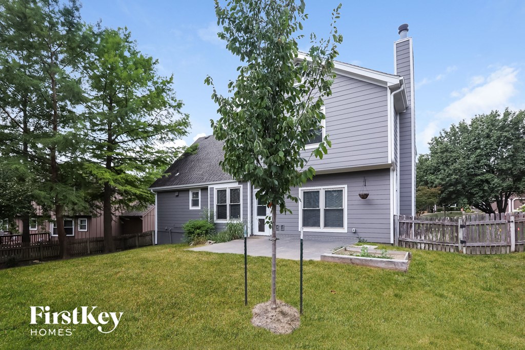 a backyard with two trees and a house