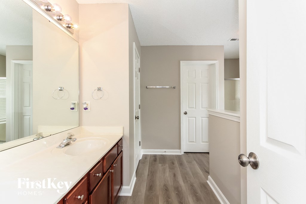 a bathroom with a sink and a mirror and a closet