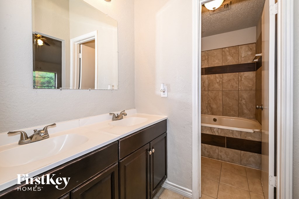 a bathroom with a sink and a mirror and a tub