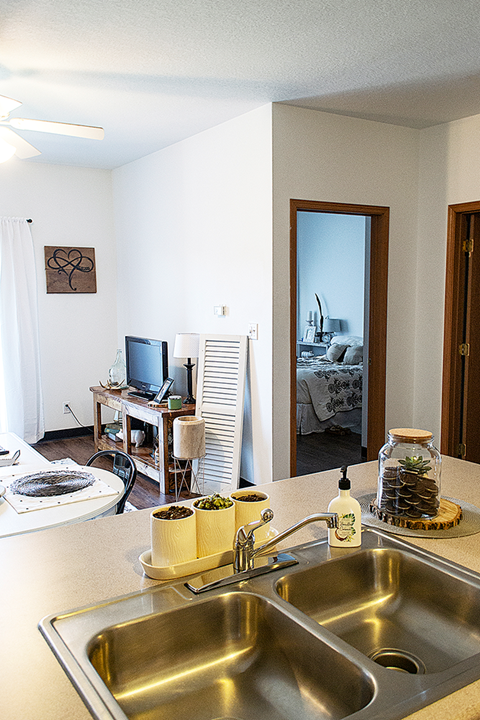 a view of a living room and a kitchen with a sink