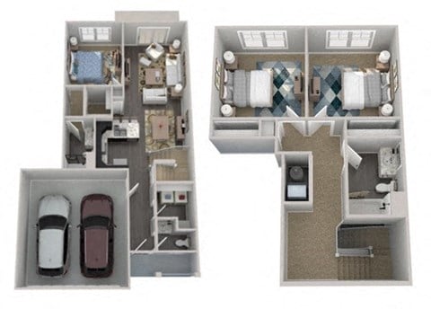 a floor plan of a house with two bedrooms and a car