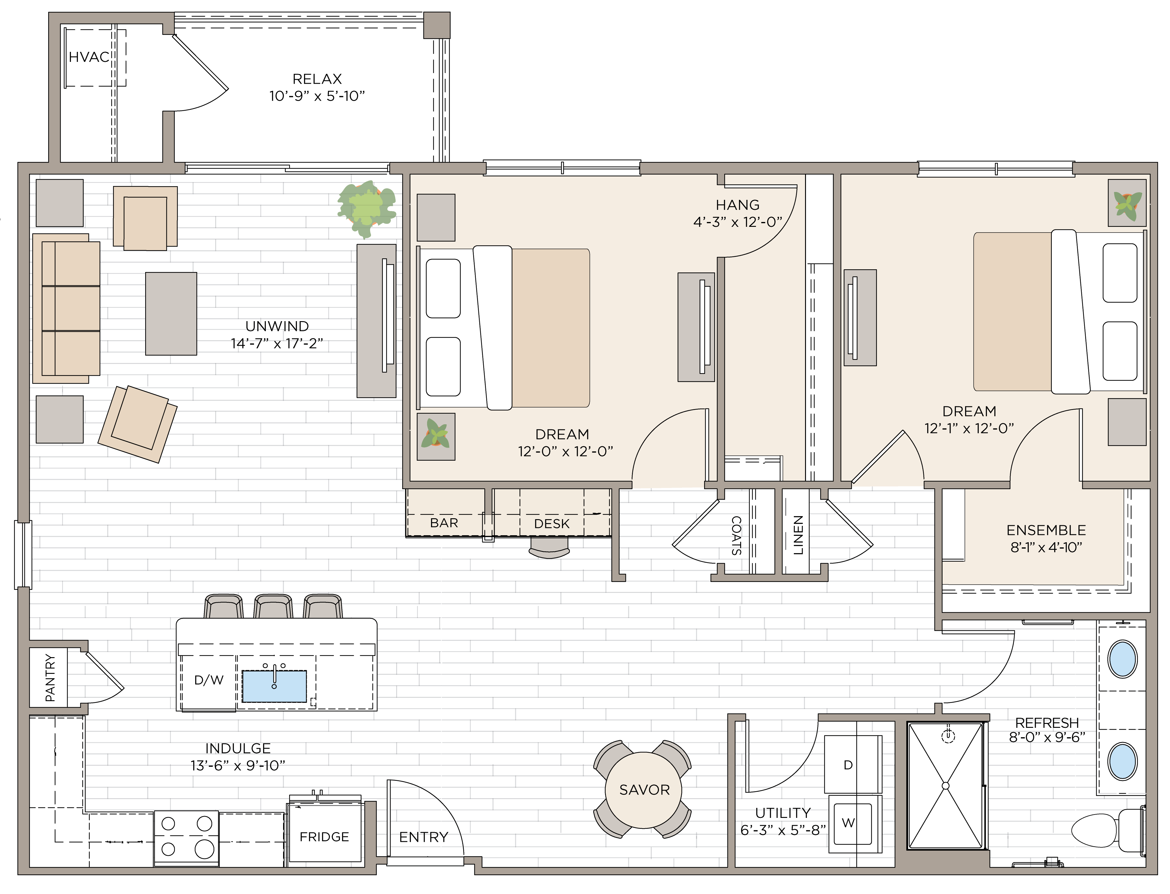 2 Bed/1 Bath-B1B