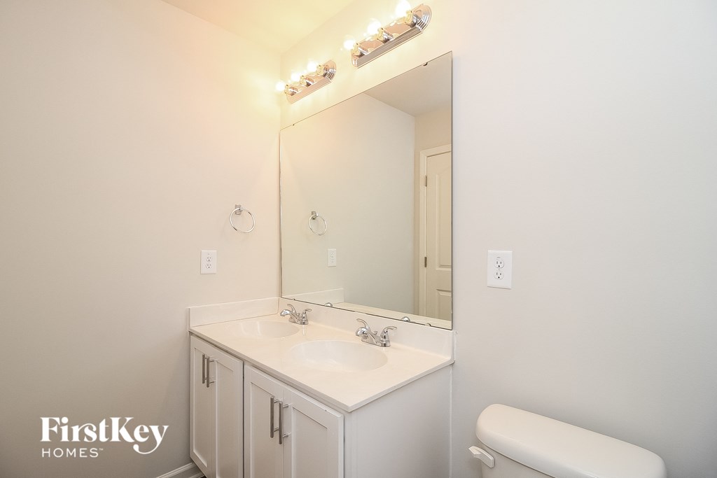 a bathroom with a sink and a mirror and a toilet