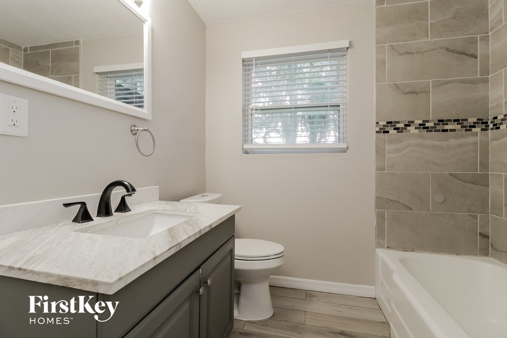 a bathroom with a sink and a toilet and a bath tub