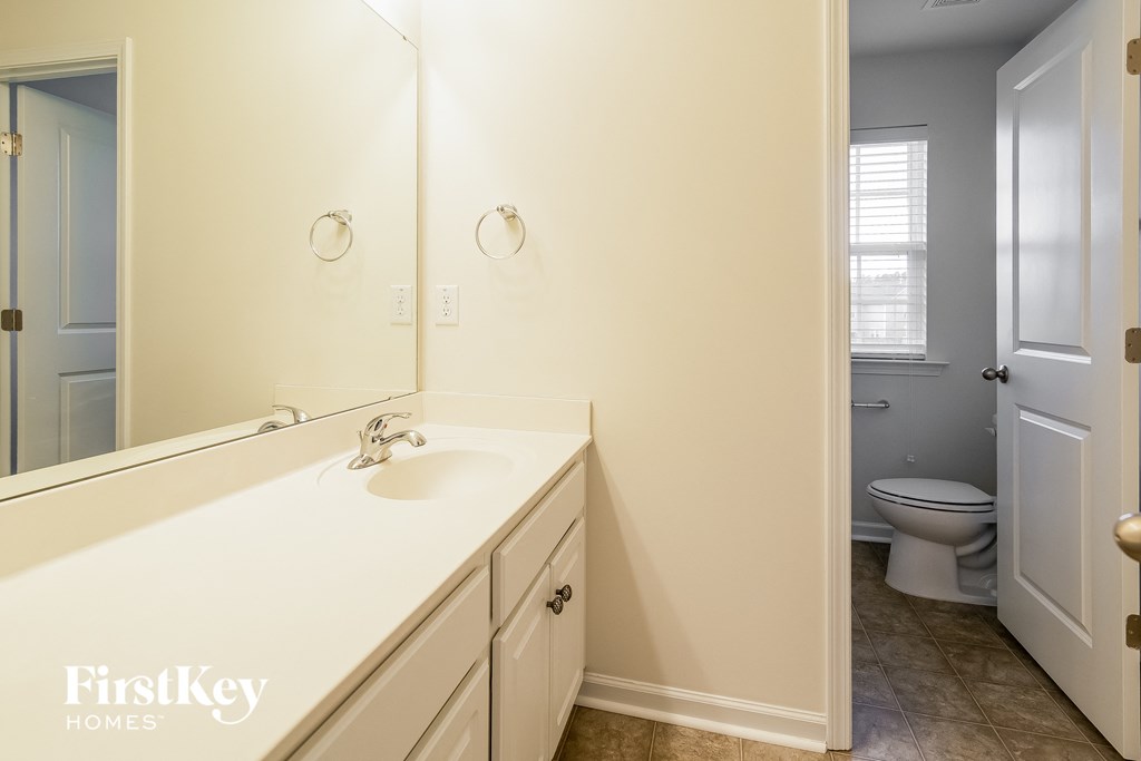 A bathroom with a white sink and a toilet in the background.