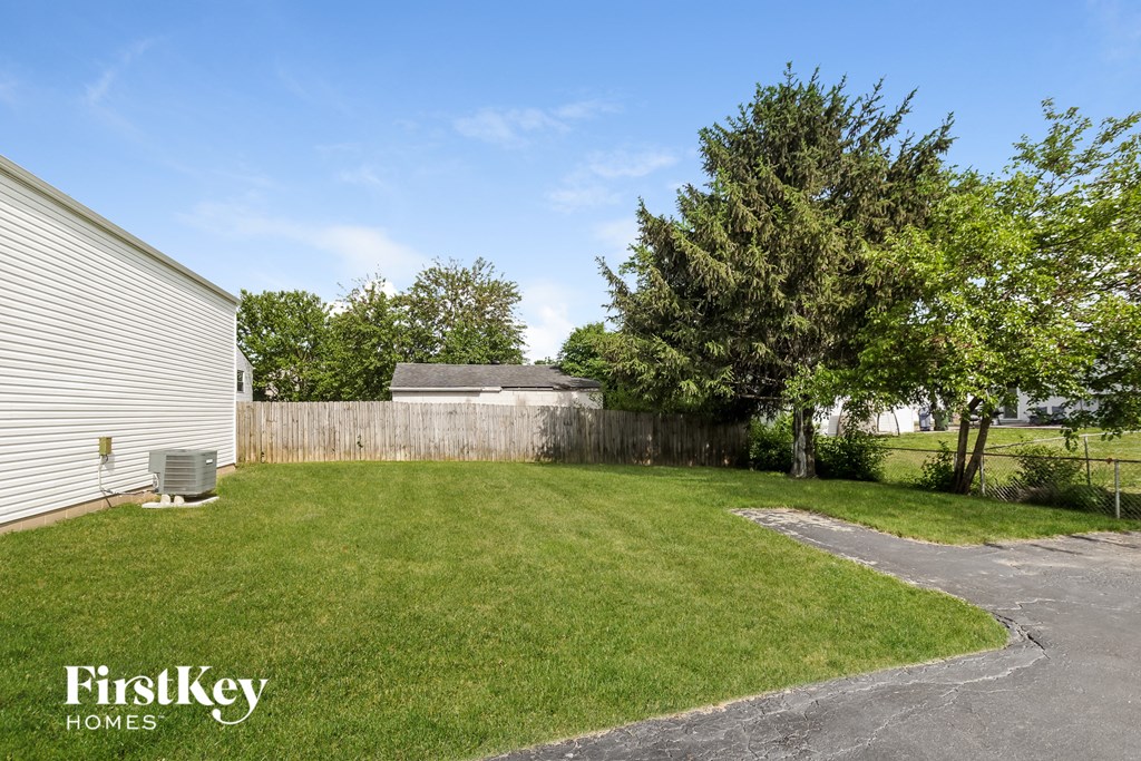 a backyard with a privacy fence and a tree