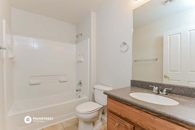 a bathroom with a shower toilet and sink and a mirror