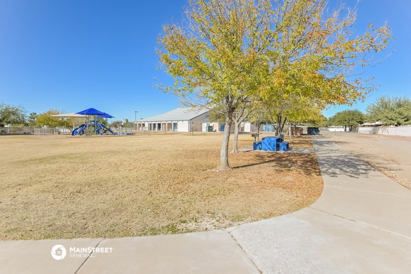 a park with a tree and a playground in front of a building