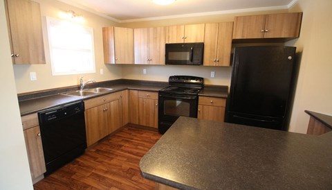 A kitchen with black appliances and wooden cabinets.