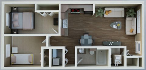 A floor plan of a small apartment with two bedrooms and a living area.