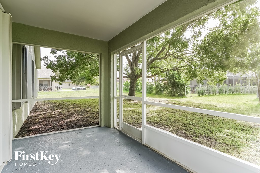 A view from the inside of a house looking out to a tree and grass.