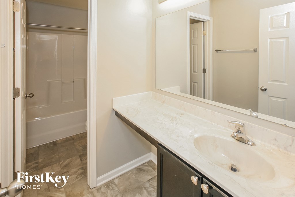 a bathroom with a sink and a mirror and a shower