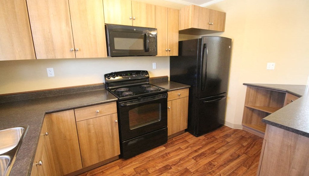 a kitchen with black appliances and wooden cabinets