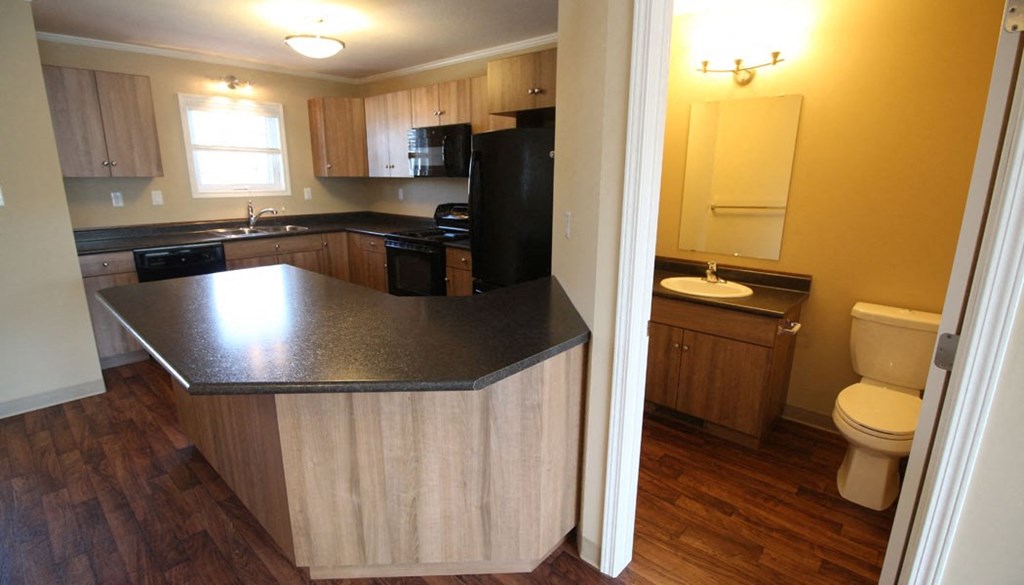 a kitchen with a counter top and a toilet