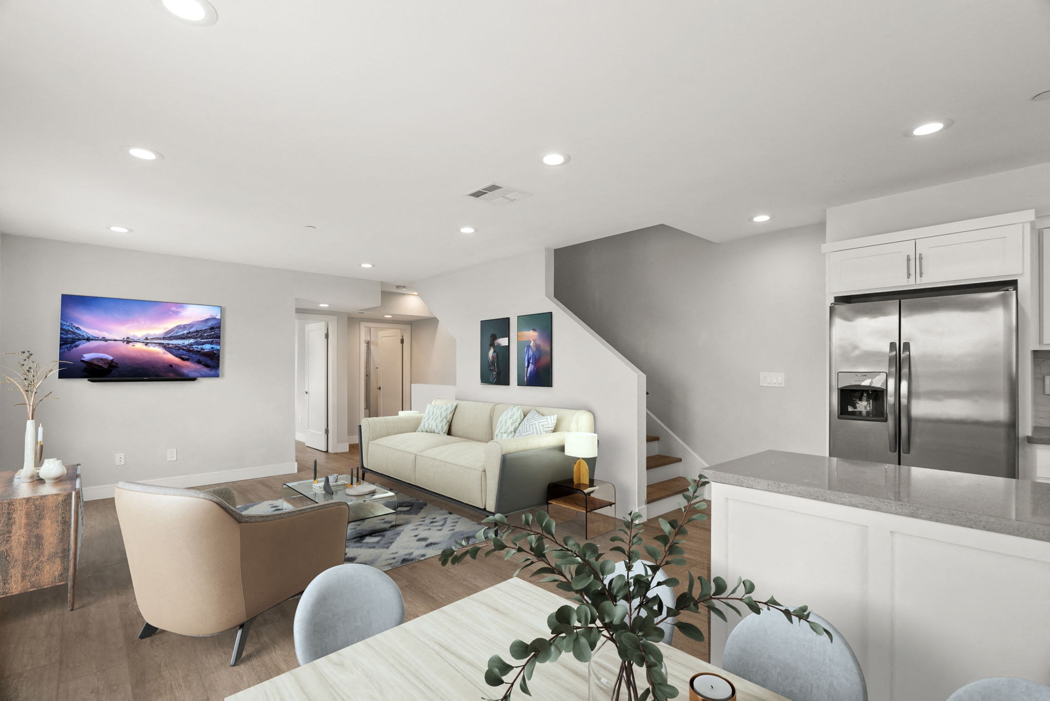 a living room with a couch and a table