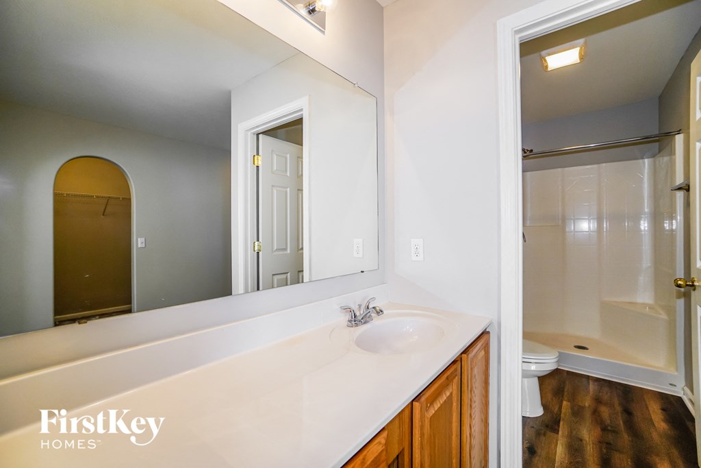 a bathroom with a sink and a mirror and a shower