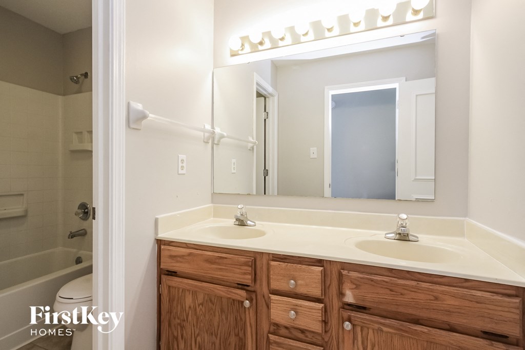 a bathroom with a sink and a mirror and a shower