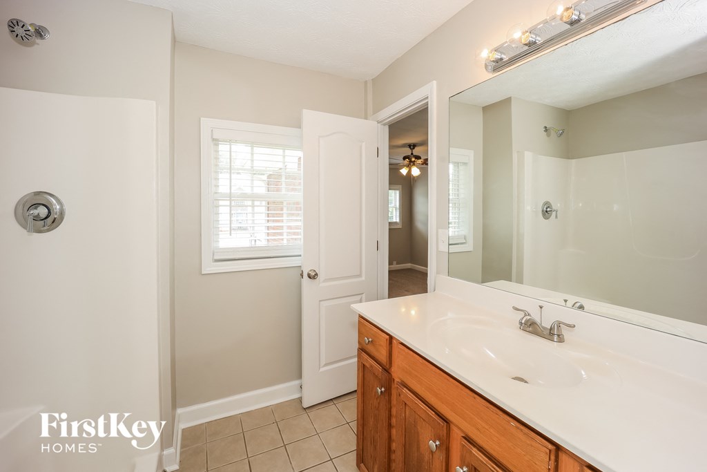 a bathroom with a sink and a mirror and a shower