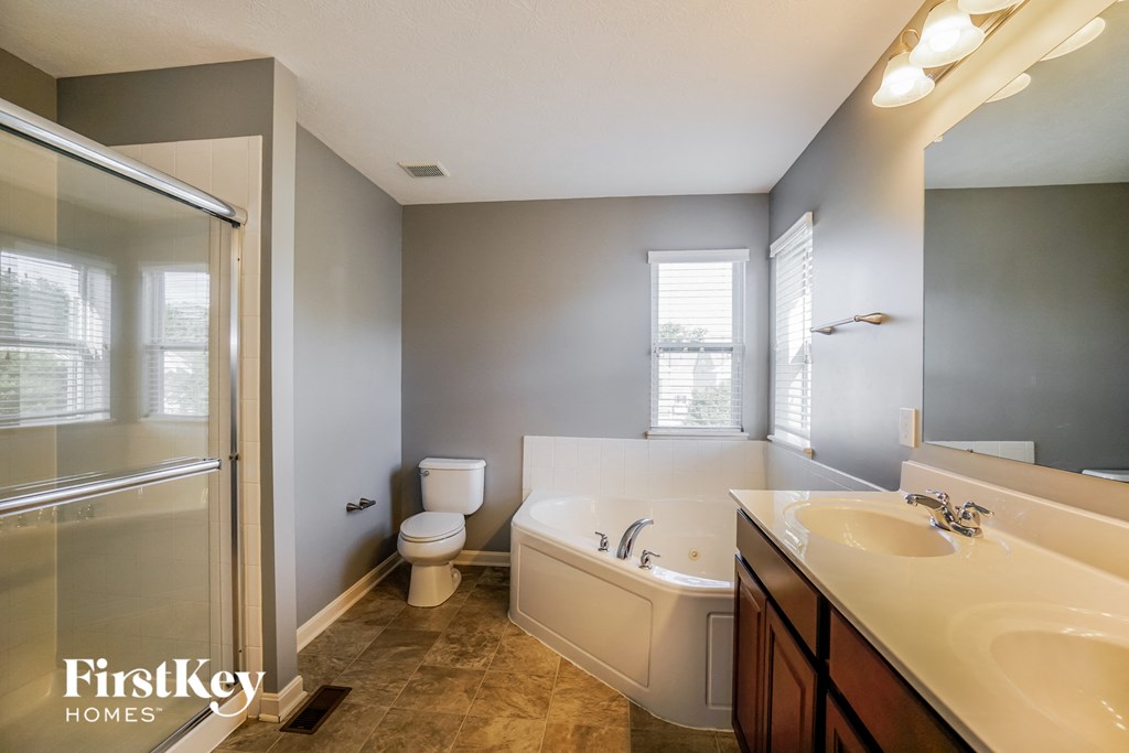 a bathroom with a tub sink and shower and a toilet