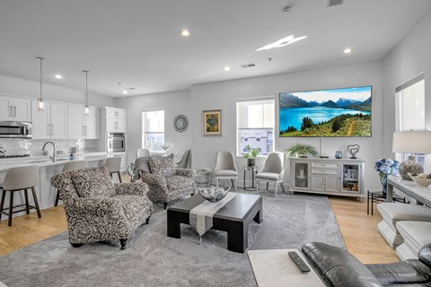 a living room with a couch and a table