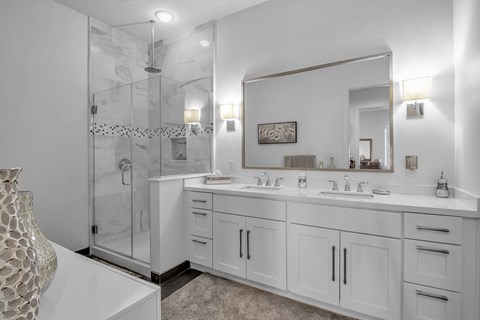 a white bathroom with two sinks and a shower