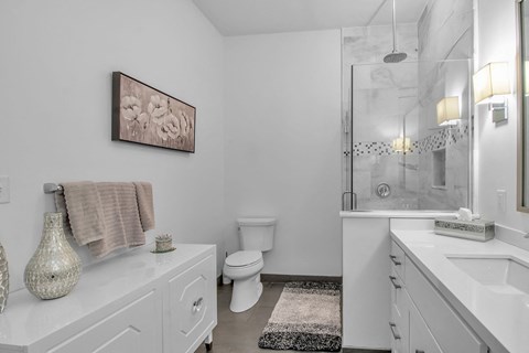 a white bathroom with a shower and a toilet