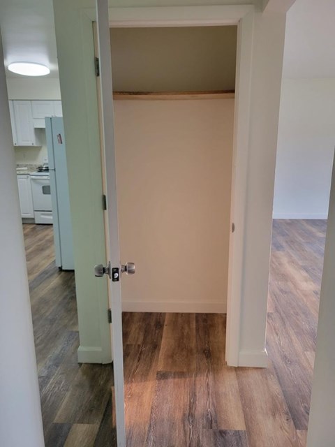 A room with a wooden floor and a white door.