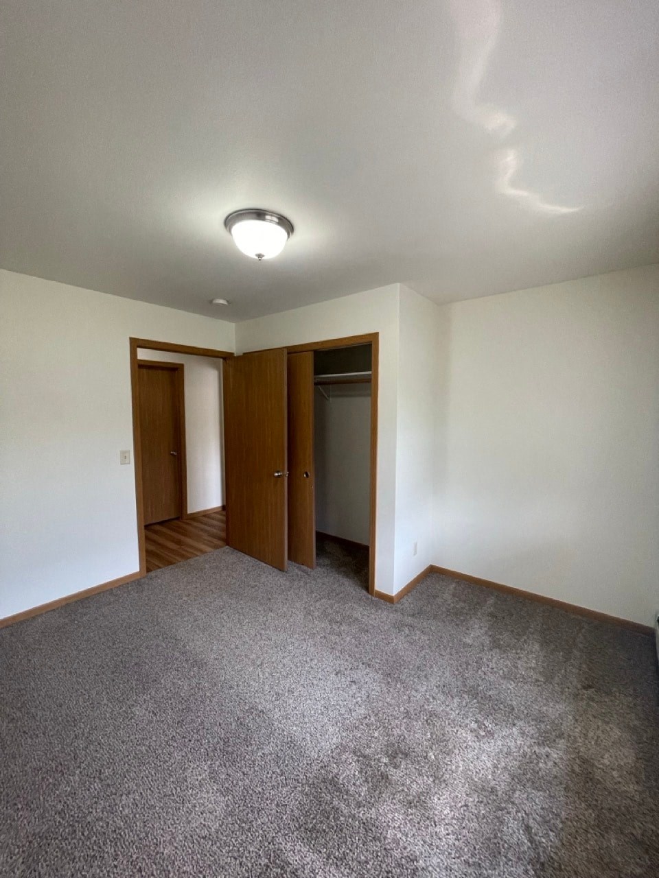 an empty living room with carpet and a door to a closet