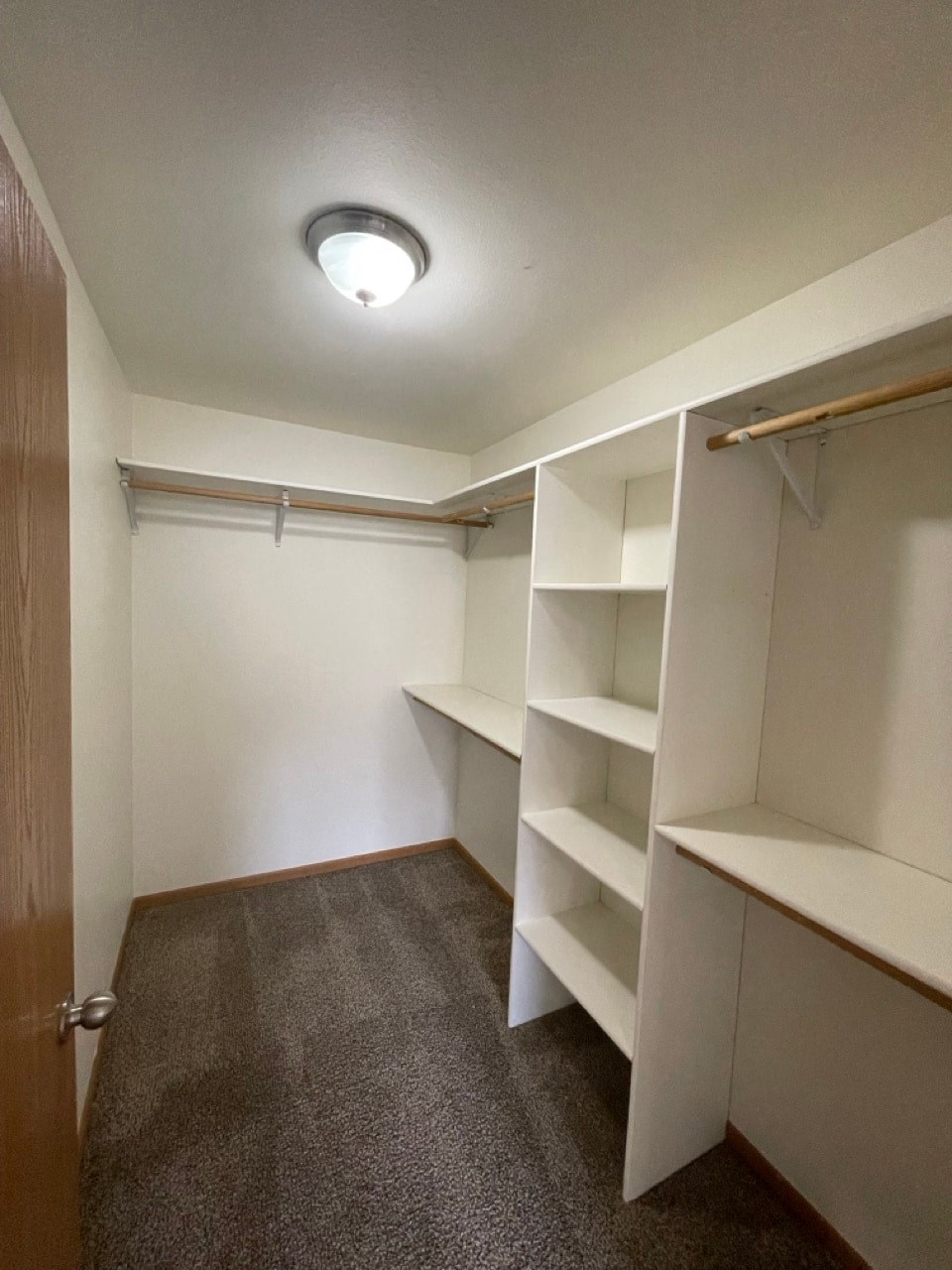 a walk in closet with shelves and a light