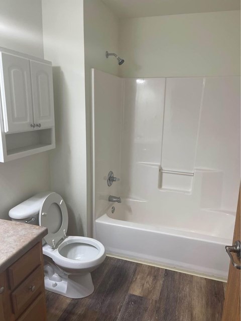 A white toilet sits in a bathroom next to a walk-in shower.