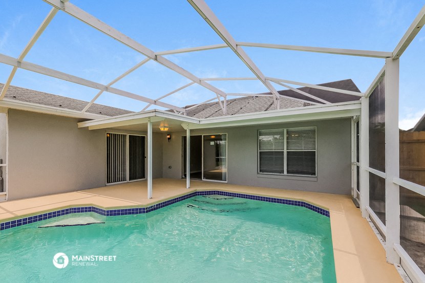 a pool in a house with a screened in pool