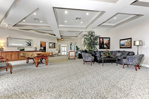 A living room with a grey carpet and furniture.